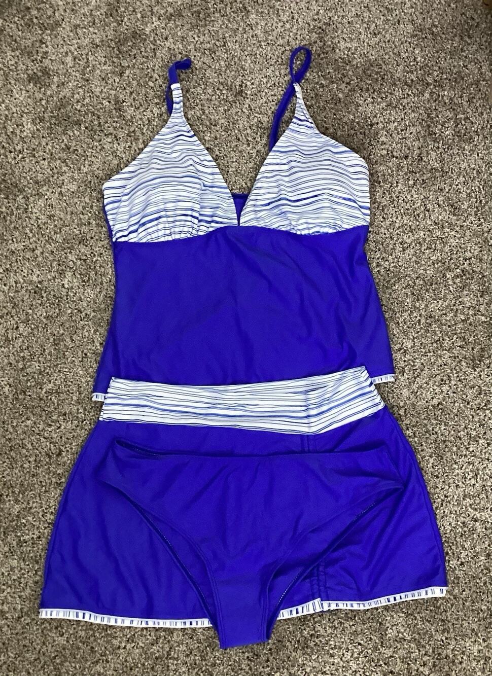 Swimsuit 3 Pc Set Womans Size XL Bikini Style Blue/White Skirt Beach Summer